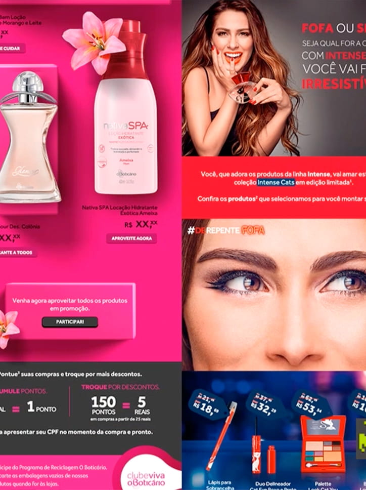 Composição de peças de marketing de O Boticário, incluindo anúncios da linha "Intense Cats" e produtos como Glamour e Nativa SPA.