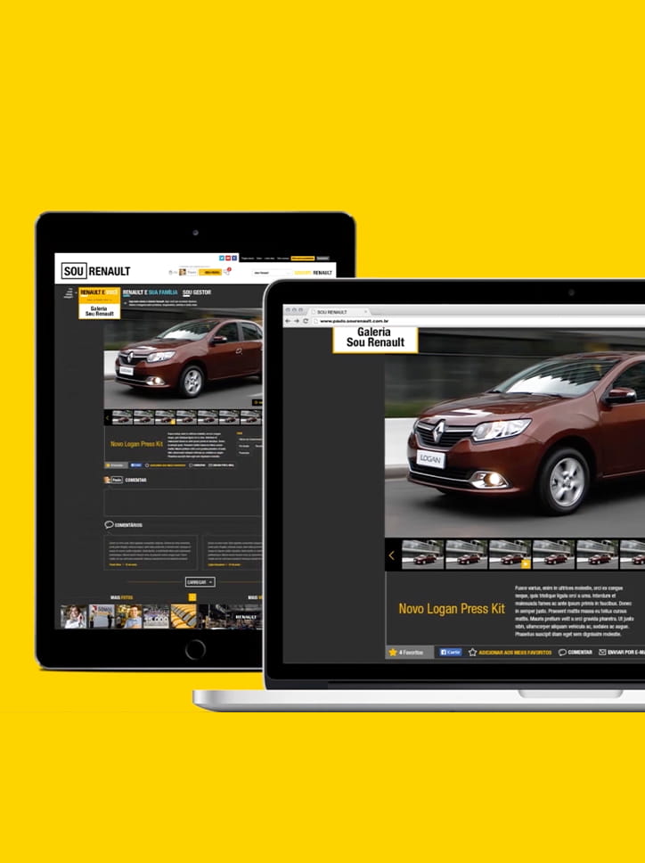 Telas do portal "Sou Renault", exibidas em um tablet e em um laptop.