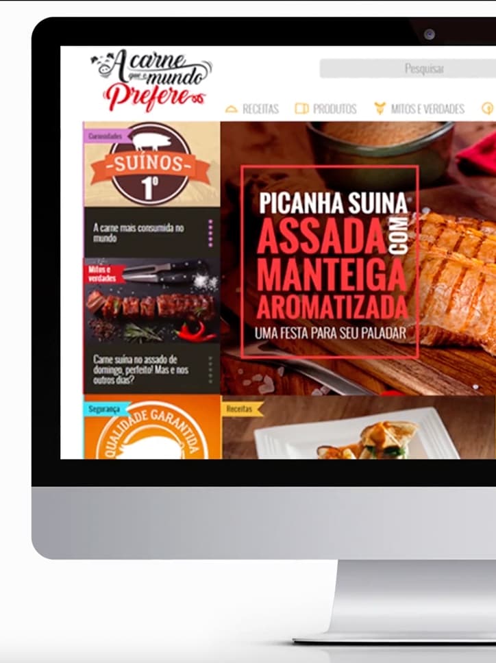 Tela do portal "A Carne que o Mundo Prefere", da Frimesa, com destaque para a receita "Picanha Suína Assada com Manteiga Aromatizada".