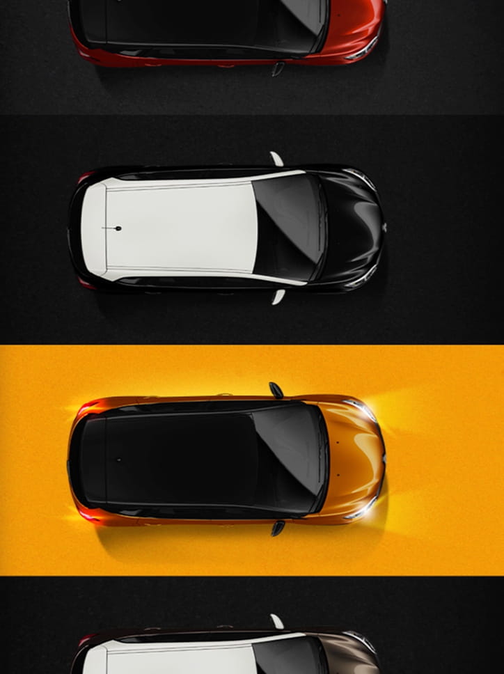 Composição visual para a Renault, destacando as opções de cores e o teto biton do carro da Renault.