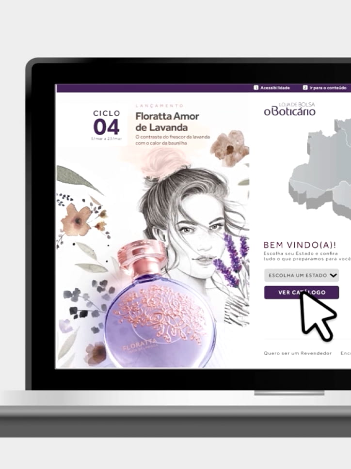 Tela da versão digital do catálogo "Loja de Bolsa O Boticário", mostrando o perfume "Floratta Amor de Lavanda".