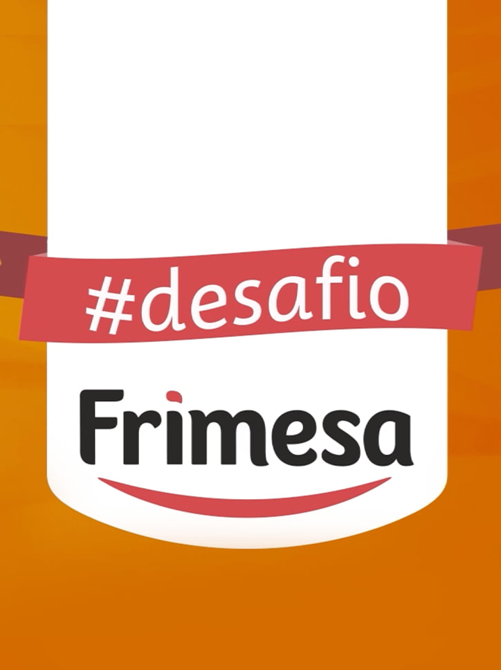 Identidade visual criada para a campanha "#DesafioFrimesa", destacando a hashtag da ação promocional da marca Frimesa sobre um fundo laranja.