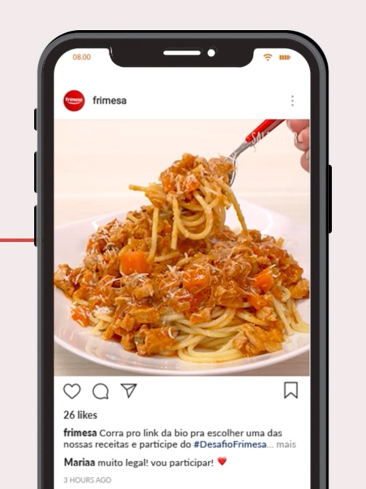 Tela de um celular exibindo um post da Frimesa no Instagram com um prato de espaguete com molhe de carne suína, convidando os seguidores a participarem do "#DesafioFrimesa".