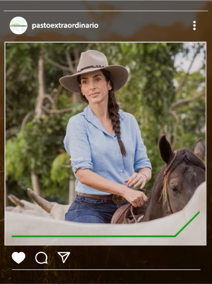 Post de rede social do perfil "pastoextraordinario" da Corteva, mostrando uma mulher de chapéu montada a cavalo, com um gráfico de linha ascendente sobre a imagem.