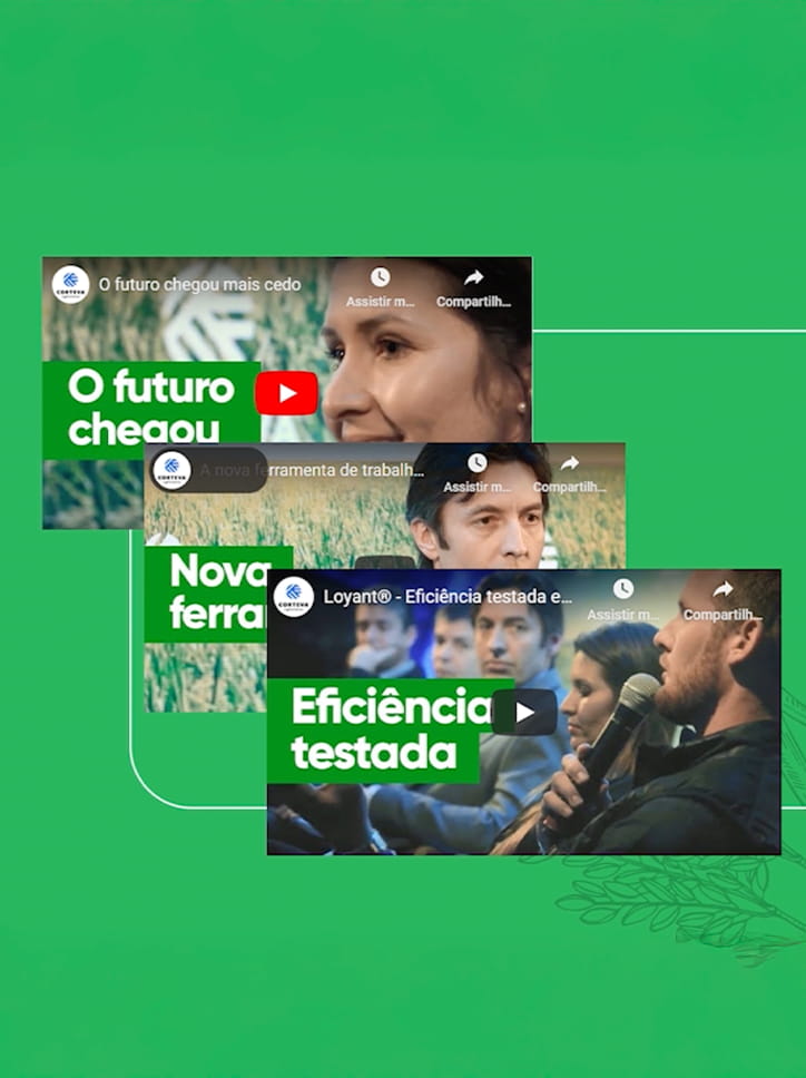 Divulgação de uma websérie da Corteva, mostrando três thumbnails de vídeos com os títulos "O futuro chegou", "Nova ferramenta" e "Eficiência testada".