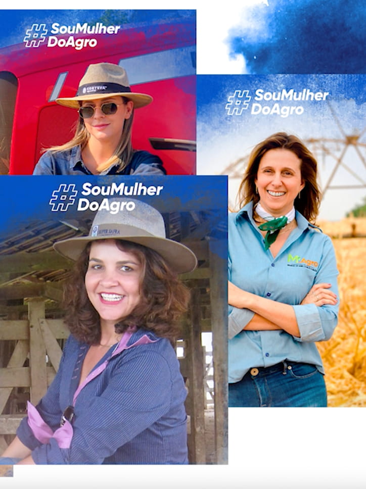 Mosaico de publicações da campanha #SouMulherDoAgro, da Corteva, com fotos de várias mulheres do agronegócio.