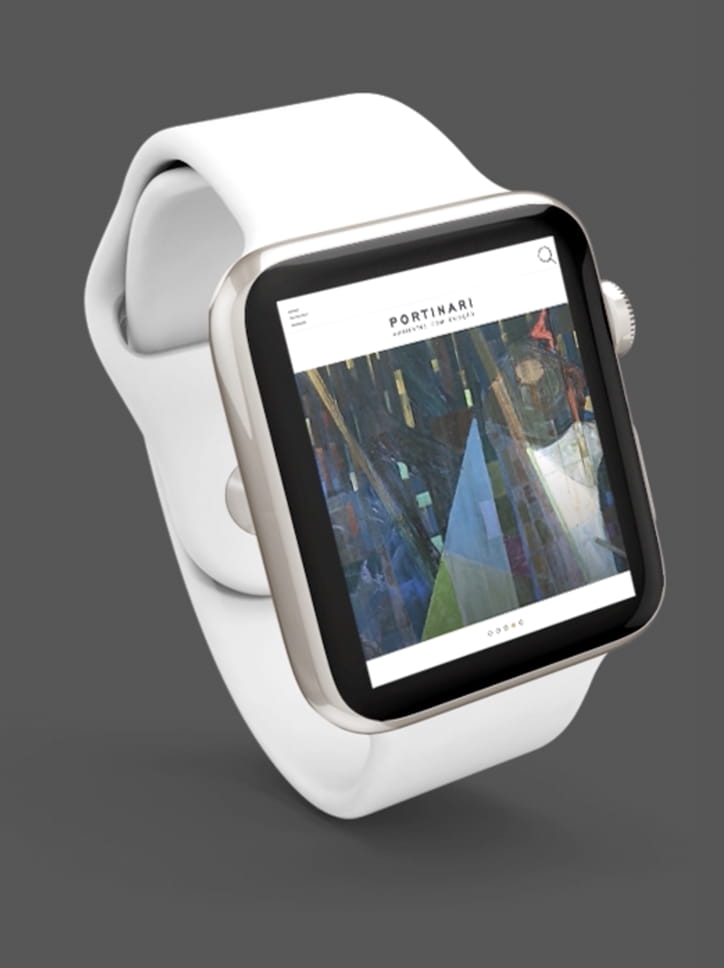 Tela de um Apple Watch exibindo o site com uma obra de arte de Portinari.