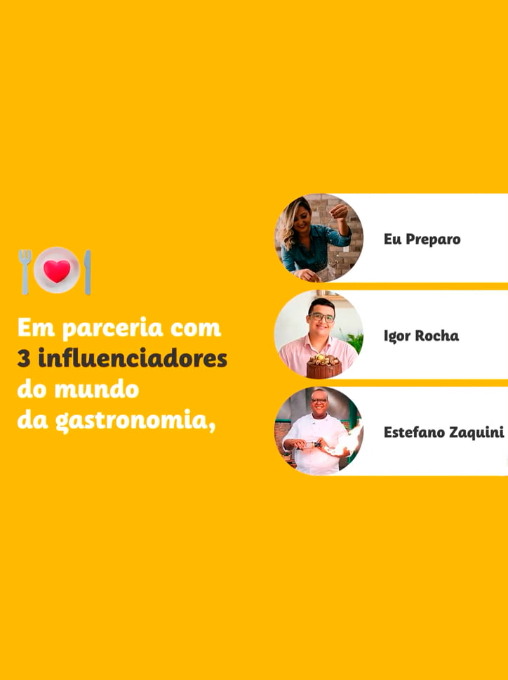 Tela de fundo amarelo apresentando uma parceria da Frimesa com os influenciadores de gastronomia "Eu Preparo", "Igor Rocha" e "Estefano Zaquini".