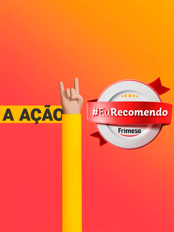 Card da campanha "#EuRecomendo Frimesa", apresentando o selo da ação sobre um fundo gradiente e o gesto de "rock and roll".