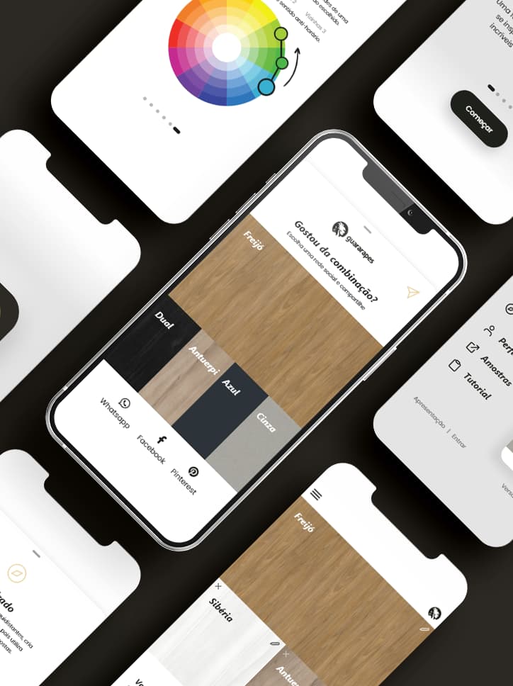 Interface do aplicativo "Bússola de Combinações", da Guararapes, mostrando como escolher e visualizar combinações de padrões de madeira e cores.