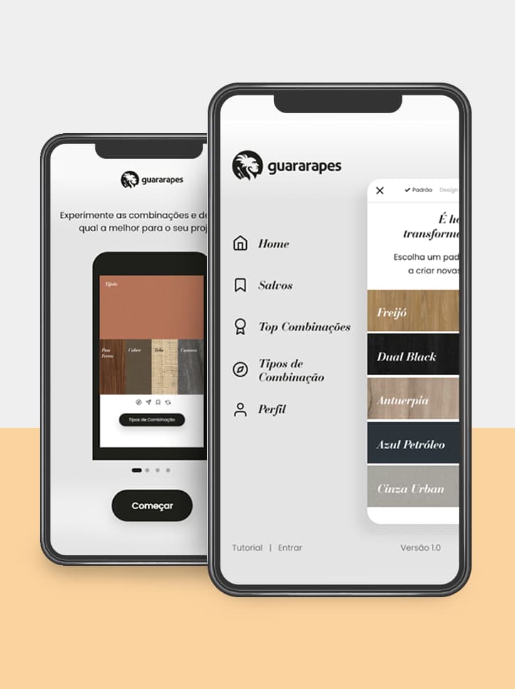 Várias telas do aplicativo "Bússola de Combinações", da Guararapes, mostrando funcionalidades como a roda de cores e a seleção de padrões.