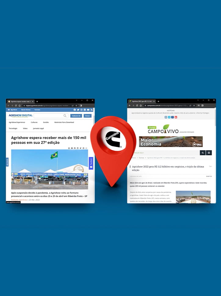 Mockups de sites destacando a participação da Cummins na Agrishow, com um pino de localização com o logo da marca sobreposto a notícias sobre o evento.