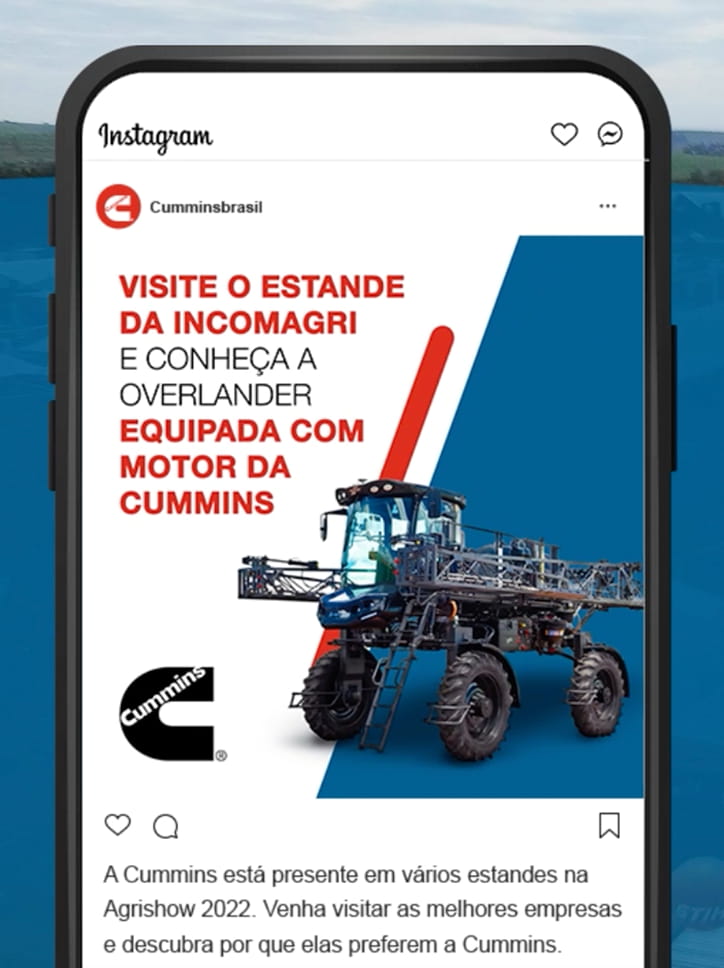 Post de Instagram da Cummins Brasil, divulgando sua presença na Agrishow 2022 e a máquina "Overlander" equipada com motor Cummins.