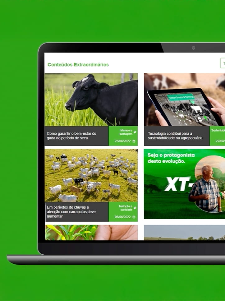 Tela do Pasto Extraordinário com artigos sobre bem-estar do gado e tecnologia.