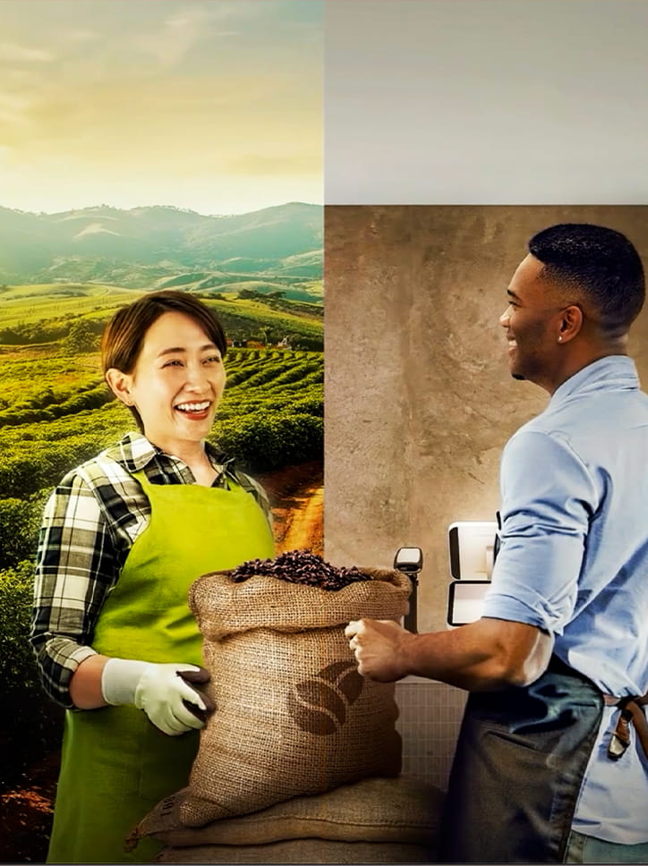 Peça da campanha "Amor que vem da terra", focada na cadeia do café, conectando a produtora na plantação com o barista que recebe os grãos.