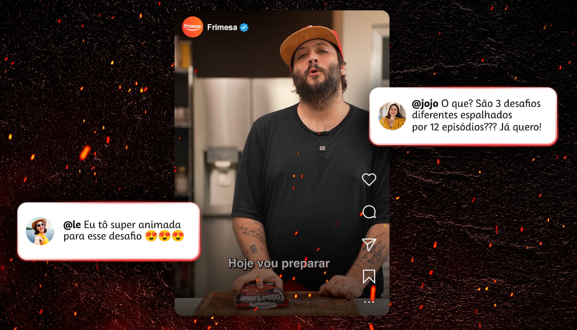 Post da Frimesa em formato de stories, com o chef Vini Cordeiro e comentários de seguidores interagindo com o conteúdo.