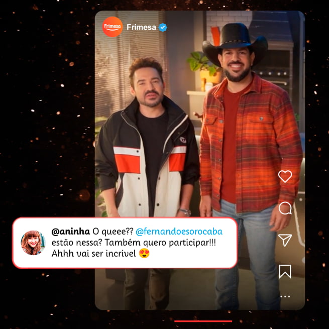 Post da Frimesa com a dupla sertaneja Fernando e Sorocaba, simulando um story com o comentário de uma fã.