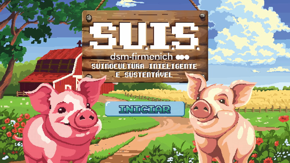 Arte horizontal em estilo pixel art para o game "SUIS" da dsm-firmenich, com dois porcos, um celeiro e um botão de "INICIAR".