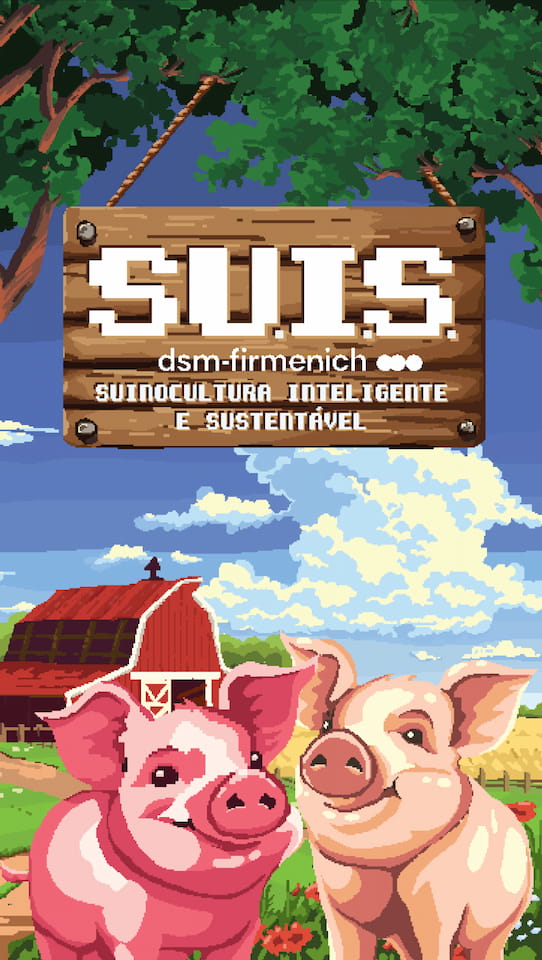 Arte vertical em estilo pixel art para o game "SUIS" da dsm-firmenich, com dois porcos sorridentes e o texto "Suinocultura Inteligente e Sustentável".
