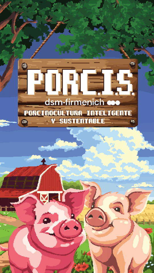 Arte vertical em espanhol, em estilo pixel art, para o game "PORCIS" da dsm-firmenich, com o texto "Porcinocultura Inteligente y Sustentable".
